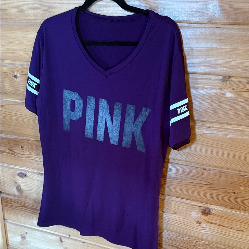 PINK V-neck Tee in Deep Purple with Metallic Logo